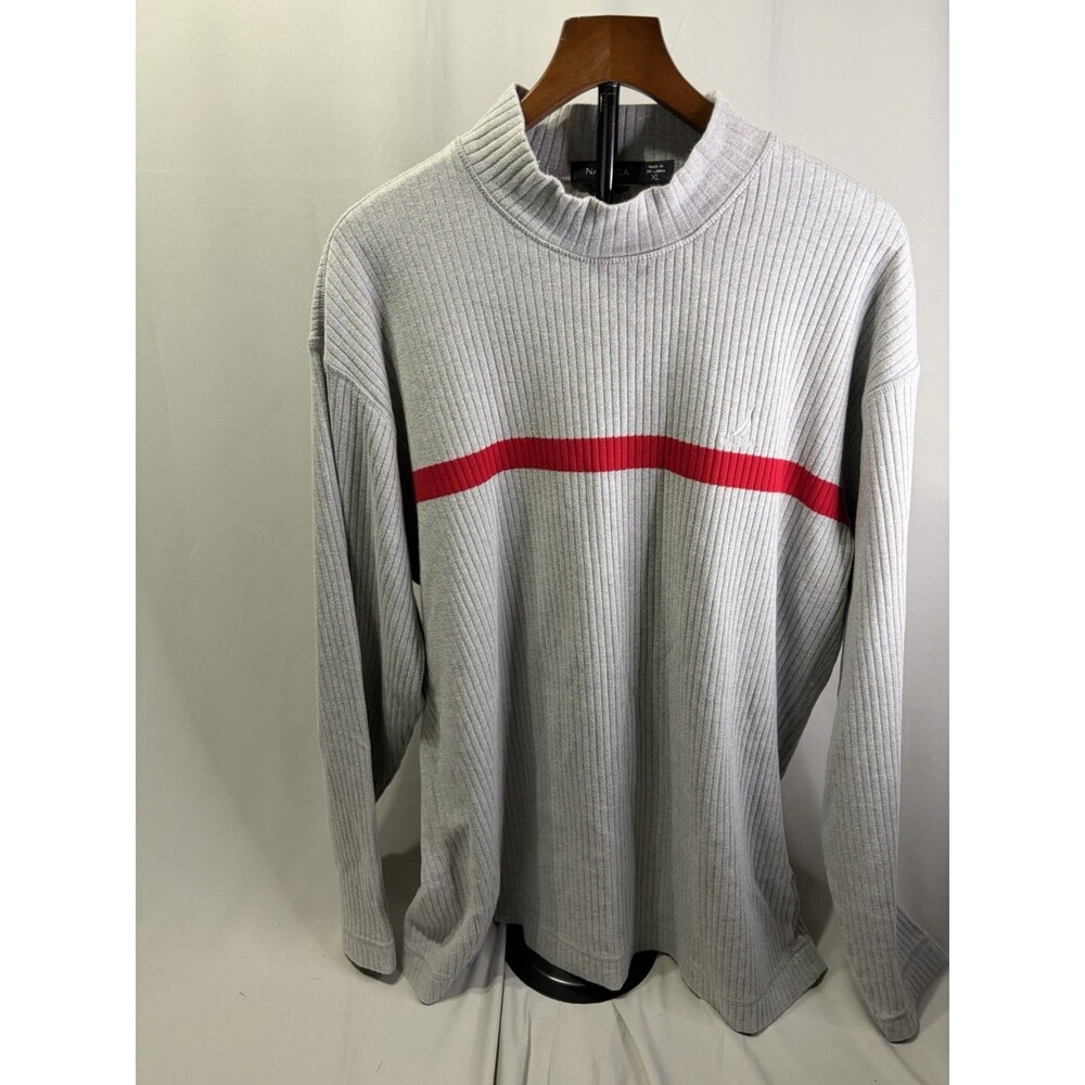 Nautica Knit Pullover Sweater Men's Gray/Red Ribbed Crew Neck Logo XL